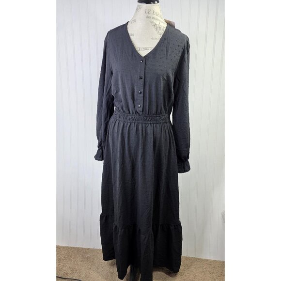 Black Maxi Dress Women L Black Swiss Dot Long Sleeve Ruffle Cottage Prairie NEW - Picture 2 of 14